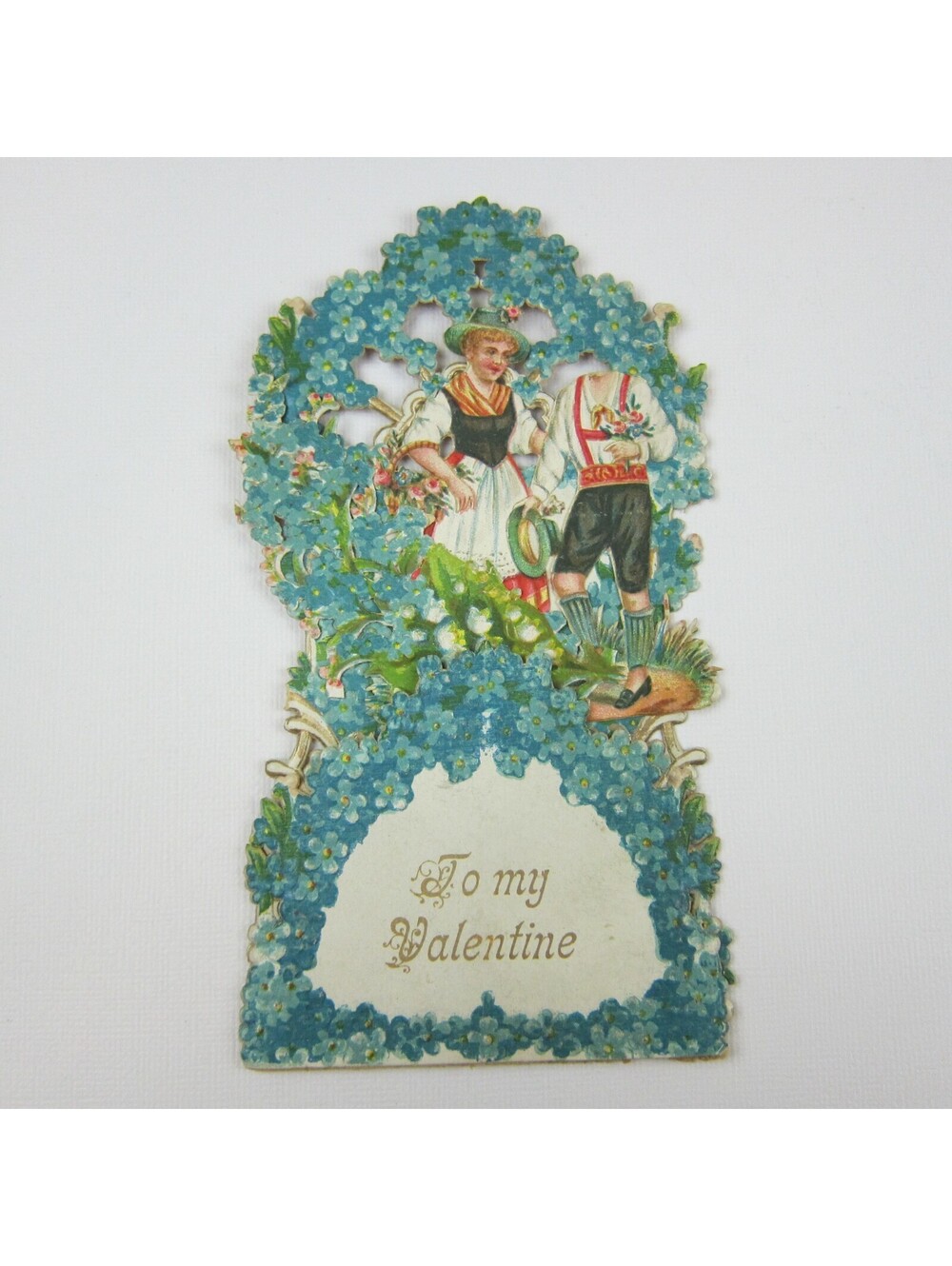 Vintage Valentine 3D Pop Up Die Cut German Girl Red Boy Lederhosen Blue Flowers